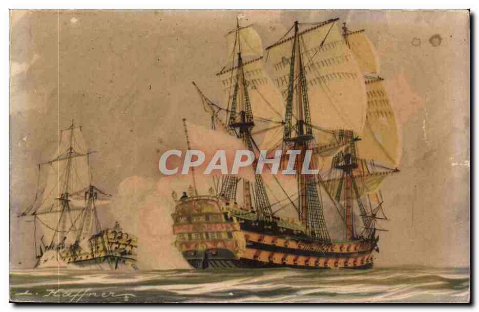 Illustrateur Bateau Boat CPA Vaisseaux Le tir en enfilade Haffner