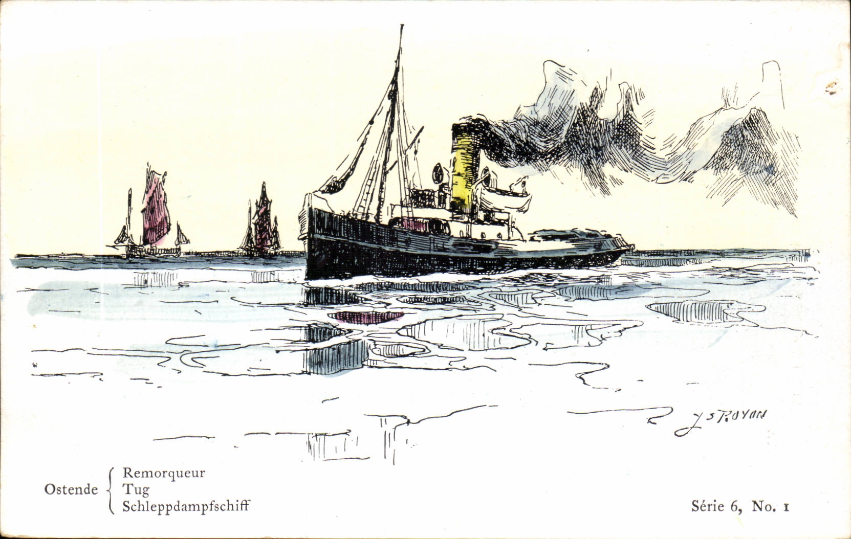 Illustrateur Bateau Boat CPA Guerre Ostende Remorqueur Royon