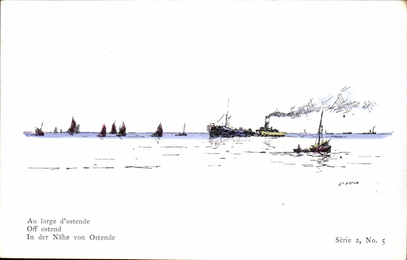 Illustrateur Bateau Boat CPA Au large d ostende Guerre Royon