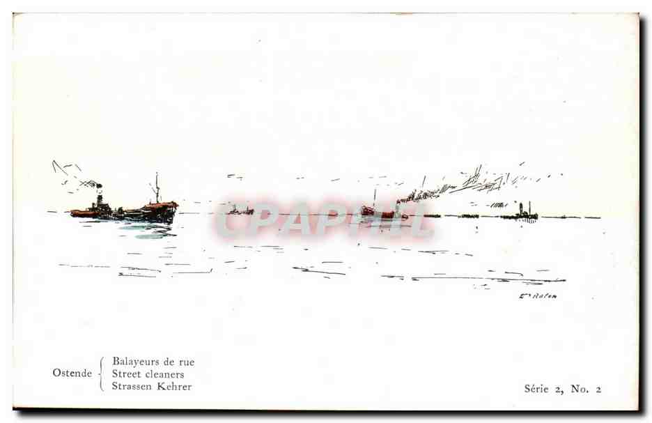Illustrateur Bateau Boat CPA Ostende Balayeurs de rue Guerre Royon