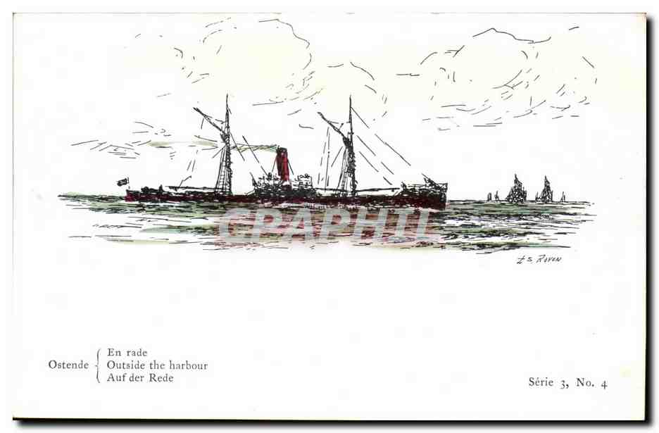 Illustrateur Bateau Boat CPA En rade Ostende Guerre Royon