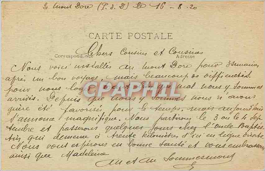 Le Mont-Dore — Le Casino — Restaurant de Sang — chez M. Bany — Verso