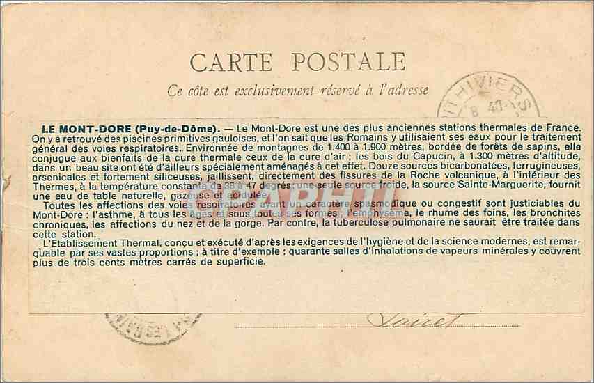 CPA Mont Dore Etablissement des Bains  — Verso