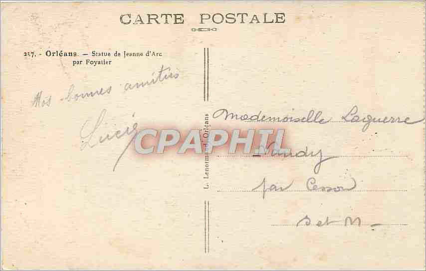CPA Orleans Statue de Jeanne d'Arc par Foyatier  — Verso