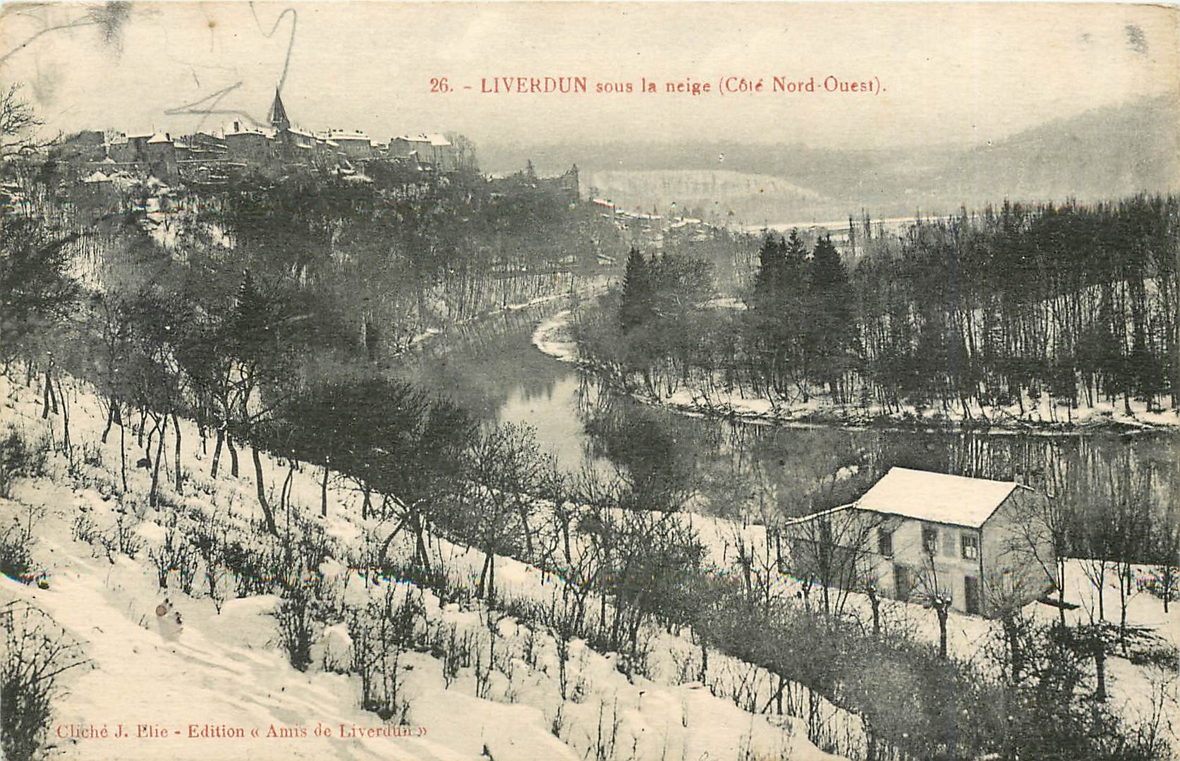 Liverdun sous la neige — Côté Nord-Ouest — Cliché J. Elie, Édition « Amis de Liverdun »