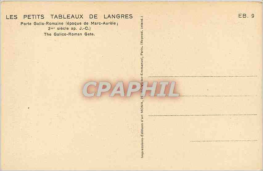 CPA Les Petits Tableaux de Langres Porte Gallo Romaine epoque de Marc Aurele  — Rückseite