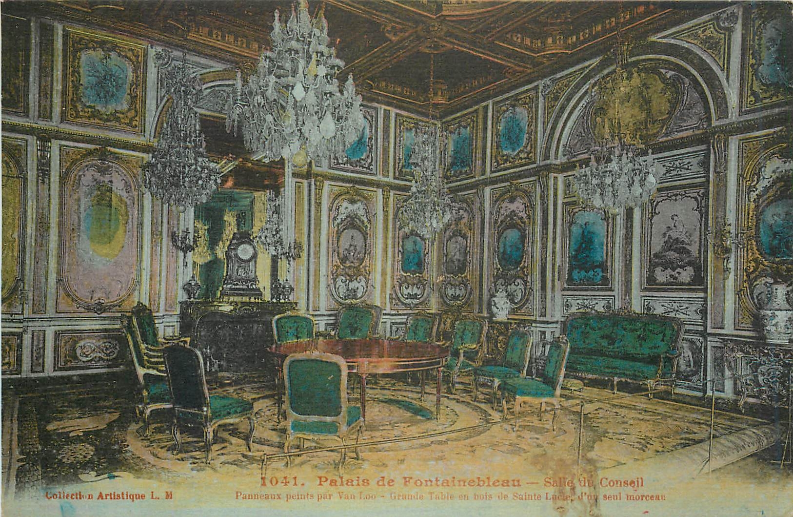 Palazzo di Fontainebleau — Sala del Consiglio — Pannelli dipinti da Van Loo — Grande tavolo in legno di Santa Lucia, un unico pezzo