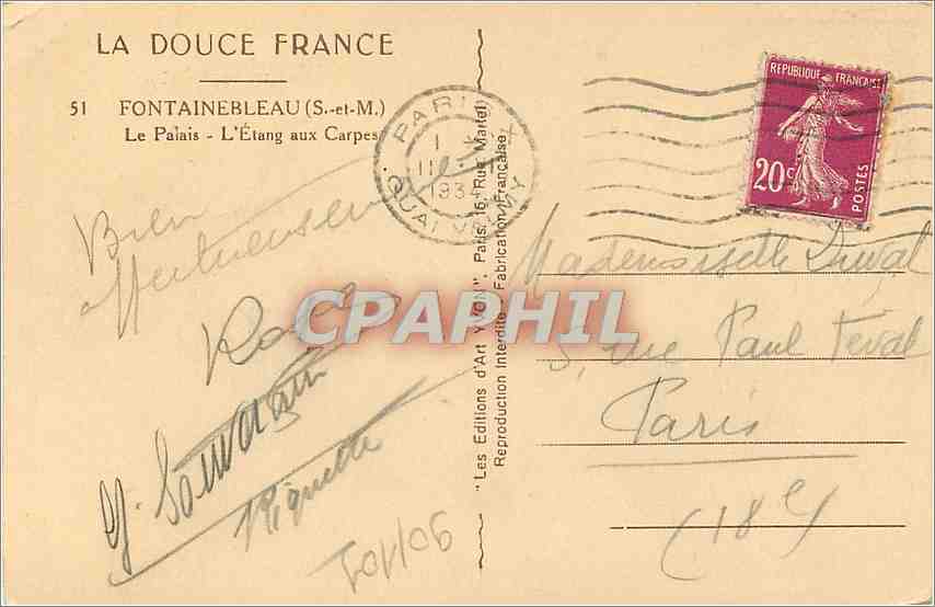 CPA Fontainebleau S et M Le Palais L'Etang aux Carpes  — Rückseite