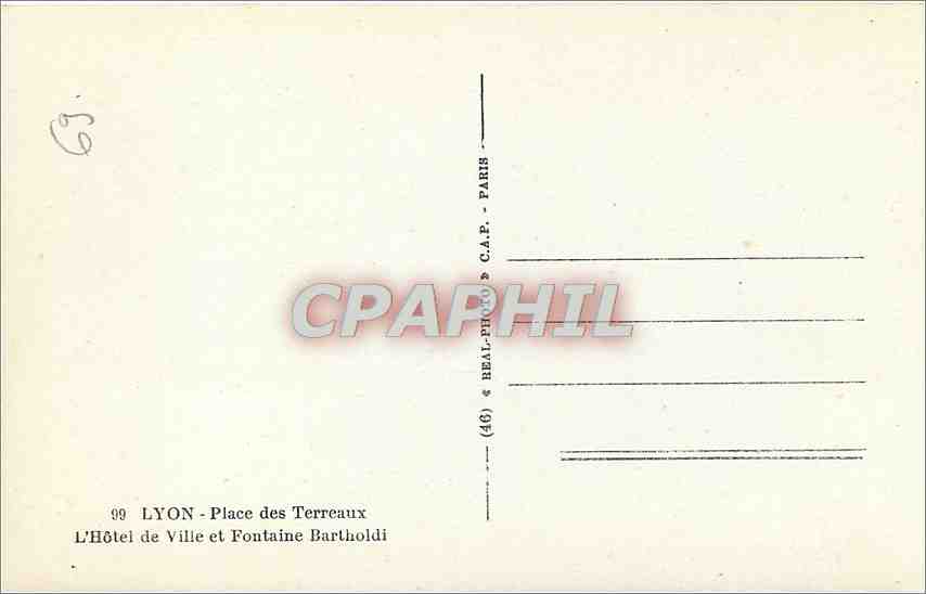 CPA Lyon Place des Terreaux L'Hotel de Ville et Fontaine Bartholdi  — Verso