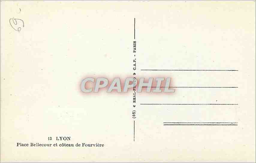 CPA Lyon Place Bellecour et coteau de Fourviere  — Verso
