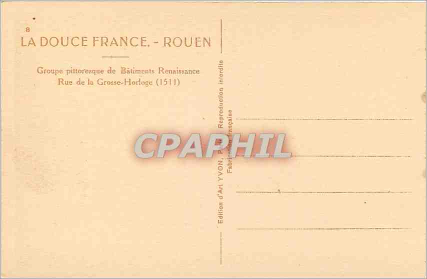 CPA Rouen Groupe pittoresque de Batiments Renaissance Rue de la Grosse Horloge  — Verso
