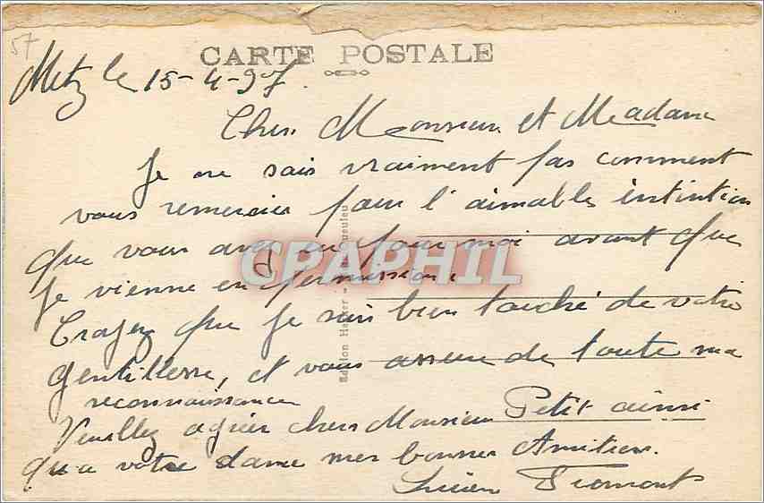 CPA Metz Vue sur le Mont Saint Quentin et la Moselle  — Verso