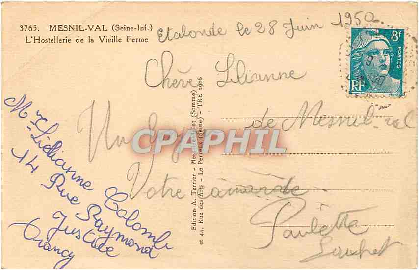 CPA Mesnil Val Seine Inf L'Hostellerie de la Vieille Ferme  — Rückseite