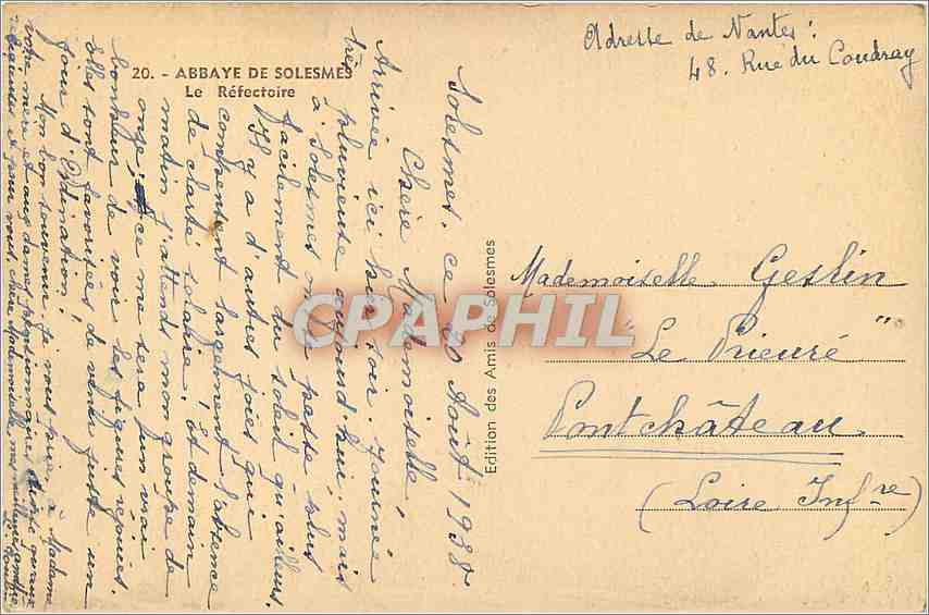 CPA Abbaye de Solesmes Le Refectoire  — Verso