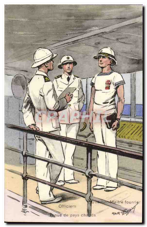 illustrateur CPA Officiers TEnue de pays chauds Quartier Maitre fourrier Marine
