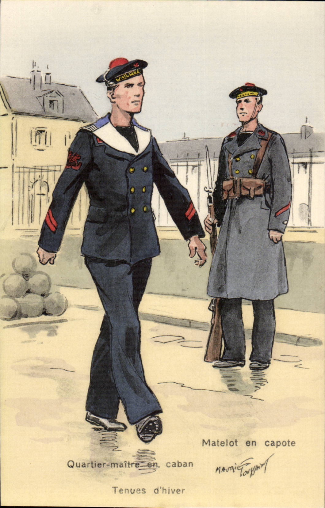 illustrateur CPA Officiers Quartier Maitre en caban Matelot en capote Tenues d'hiver