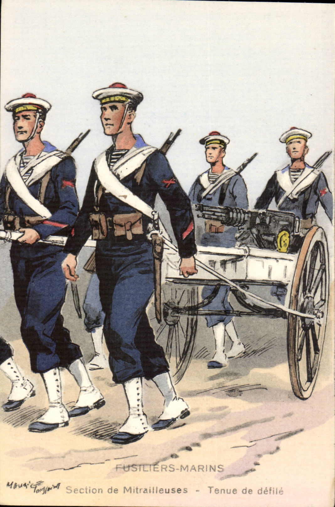 illustrateur CPA Fusilliers Marins Section de mitrailleuses Tenue de defile