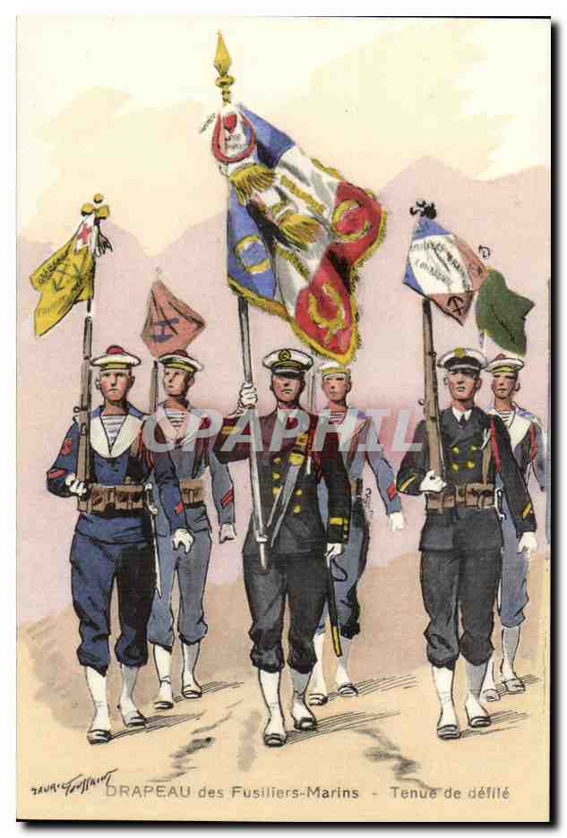 illustrateur CPA Drapeau des fusilliers marins tenue de defile