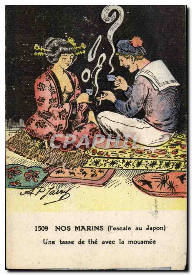 illustrateur CPA Nos marins (a bord) (l'escale du Japon) Une tasse de the avec la mousmee Nippon