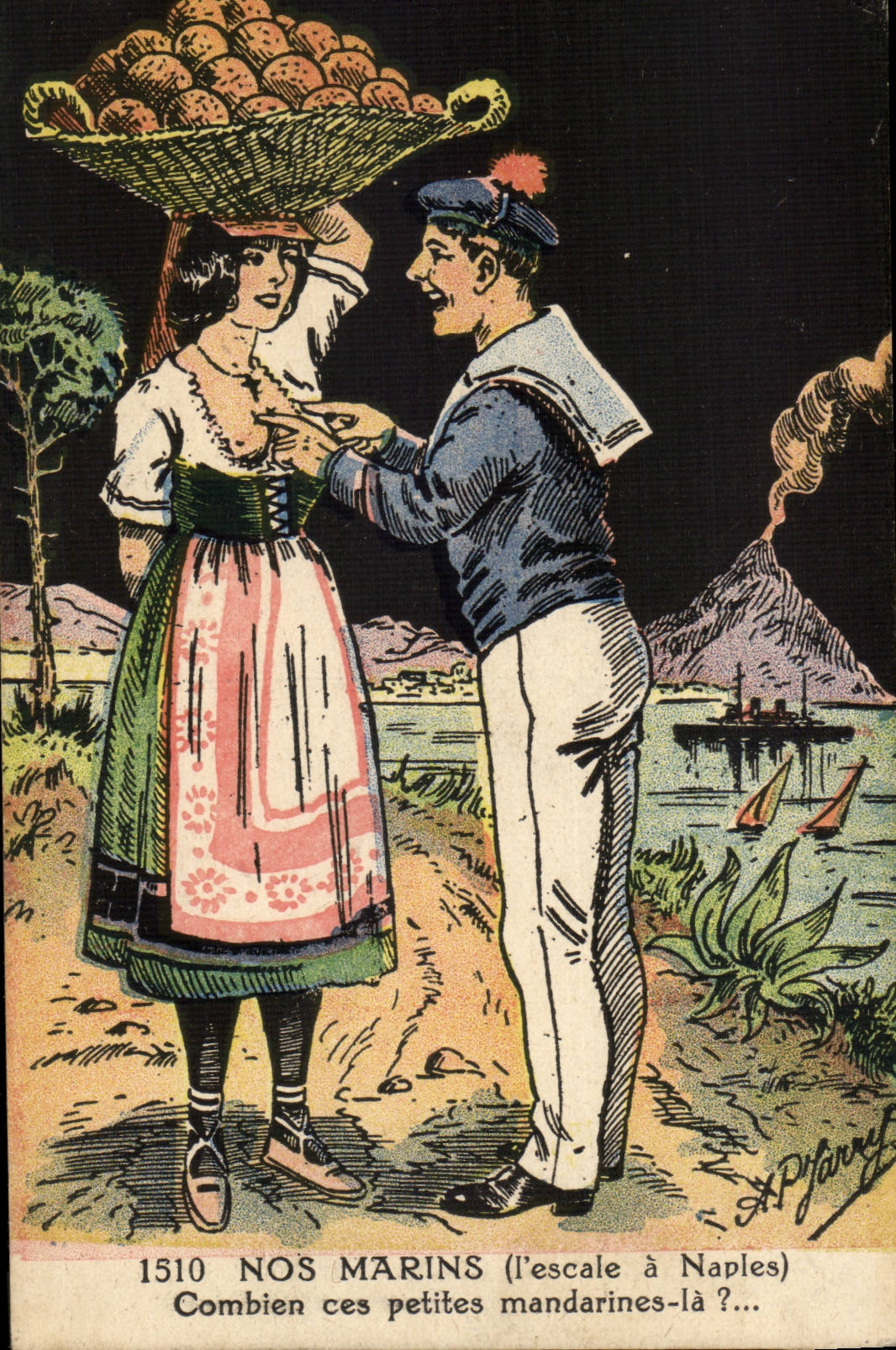 Illustrateur CPA Nos marins (l'escale a Naples) Combien ces petites mandarines la ?
