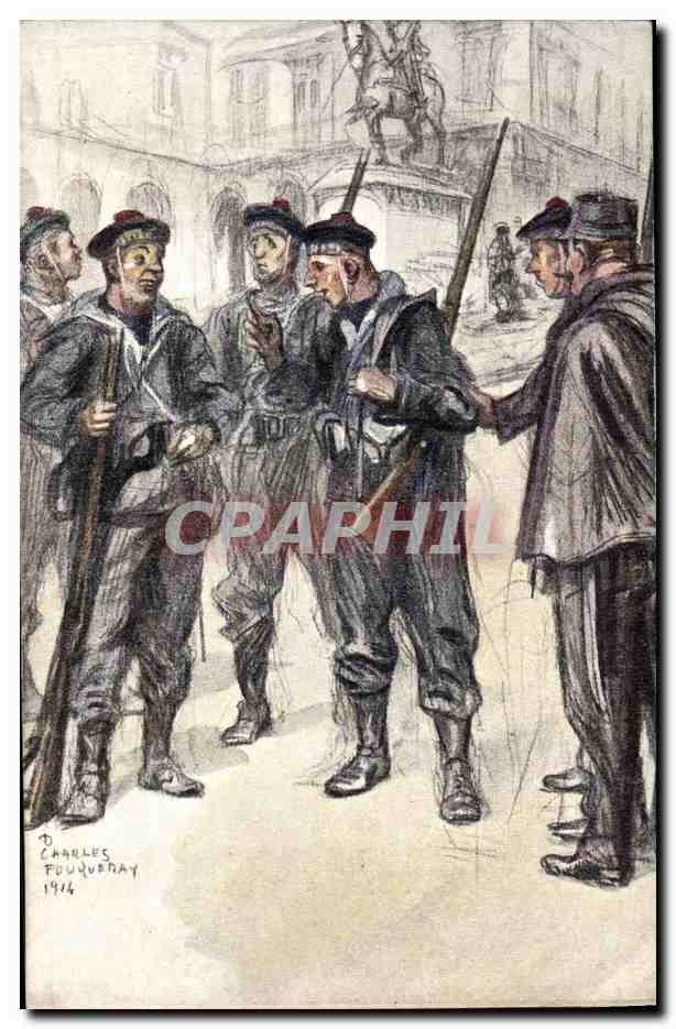 Soldats français en discussion — dessin de Charles Foujouray — 1914