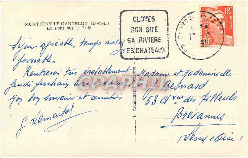CPA Montigny le gannelon E et L le pont sur le Loir — Verso