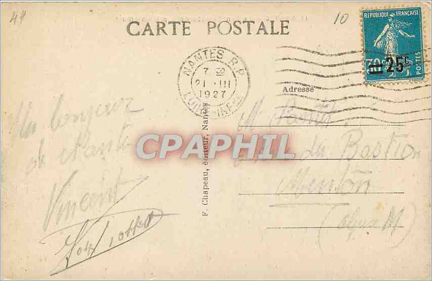 CPA Nantes le Quai de la Fosse et la ville pris du transbordeur Bateaux — Verso