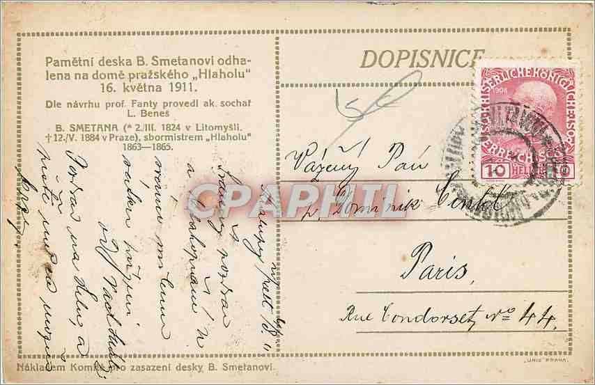 CPA pametni deska B. Smetanovi odhalena na dome prazskeho Hlaholu Smetana — Rückseite