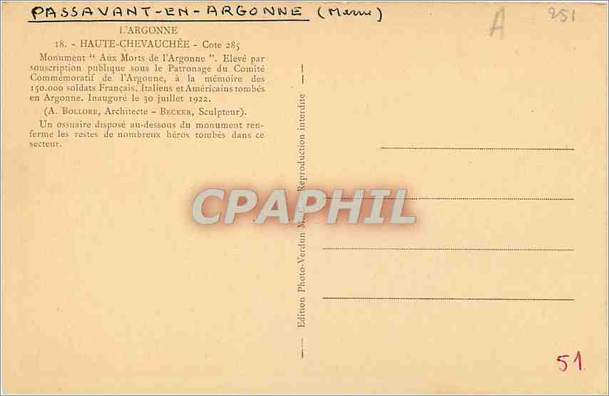 Monument aux Morts de l'Argonne — Passavant-en-Argonne — Édition Photo-Verdun — Back
