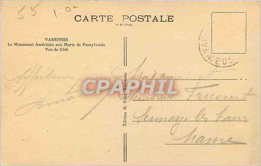 CPA Varennes le monument Amerocain aux Morts de Pensylvanie Vue de Cote — Back