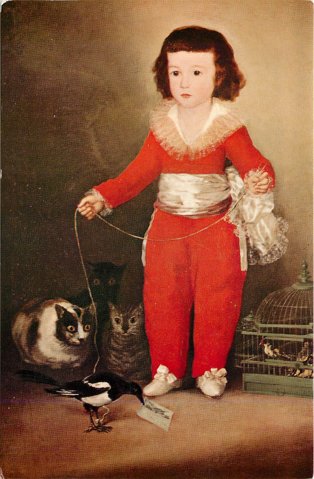 Enfant en costume rouge — avec chat et corbeau — Édité par le COMITÉ NATIONAL DE L'ENFANCE
