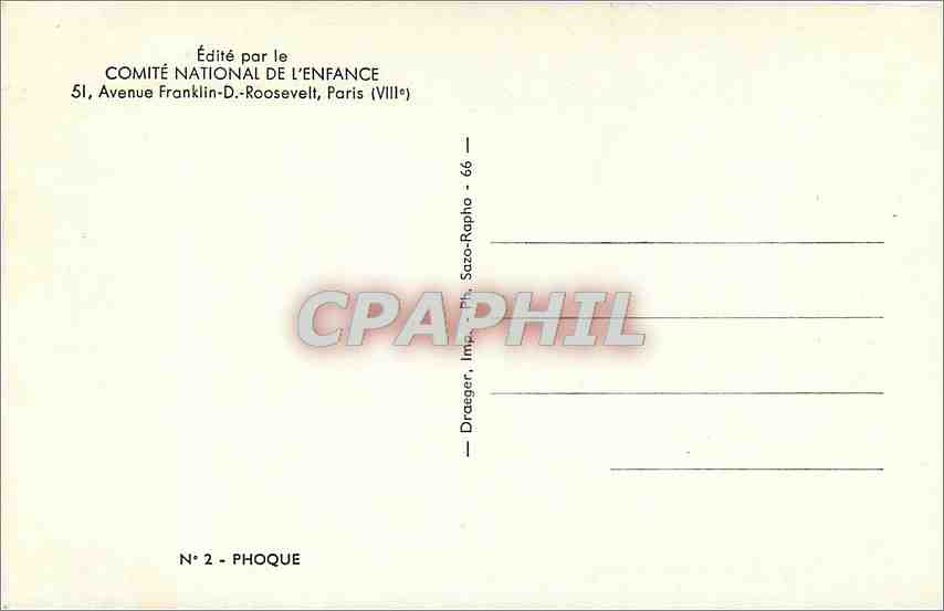 CPM Comite national de l'enfance 51 venue franklin D Roosevelt Paris VIIIe Phoque — Rückseite