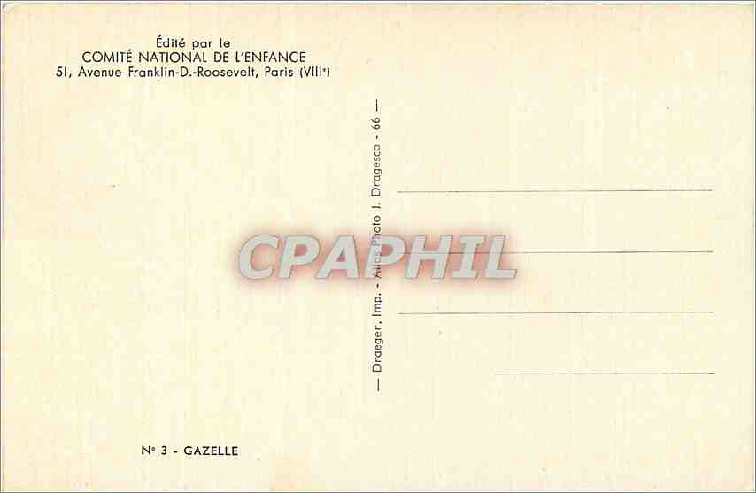 CPM Comite national de l'enfance 51 venue franklin D Roosevelt Paris VIIIe Gazelle — Rückseite