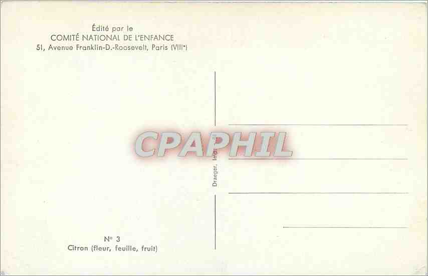 CPM Comite national de l'enfance 51 venue franklin D Roosevelt Paris VIII Fleurs Citron — Rückseite