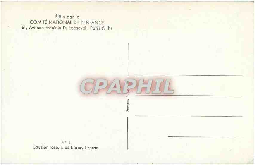 CPM Comite national de l'enfance 51 venue franklin D Roosevelt Paris VIII Fleurs Nenuphar — Rückseite