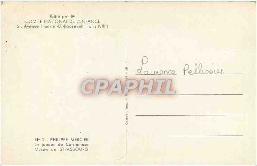 CPM Philippe Mercier Le joueur de cornemuse Musee de Strasbourg — Rückseite