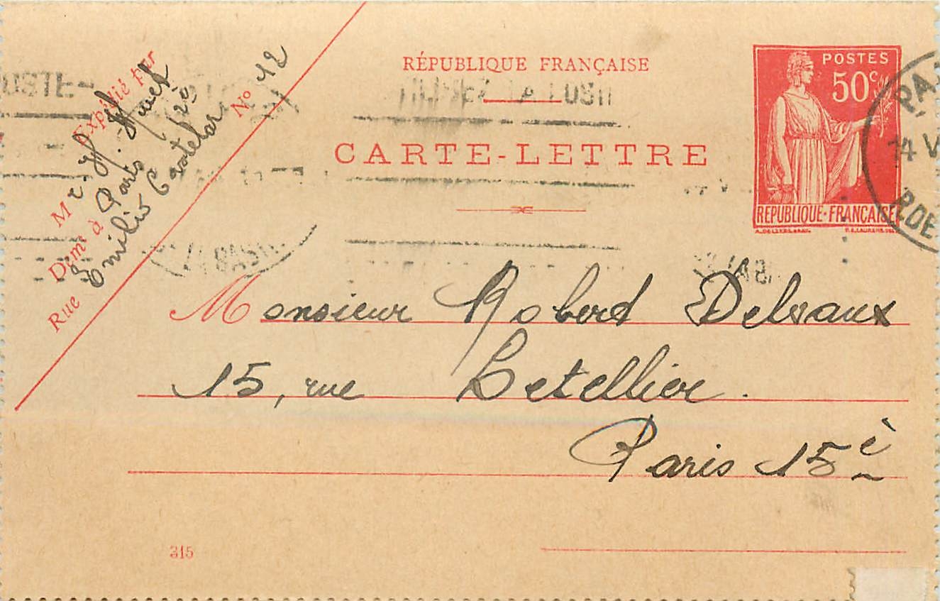 Entier Carte Lettre Type Paix 50c Robert Delvaux Rue Letellier Paris