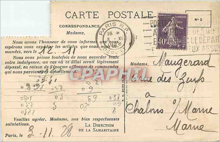 CPA Paris La Samaritaine — Rückseite