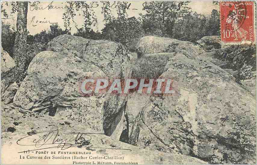 Forêt de Fontainebleau — La Caverne des Sorcières (Rocher Cuvier-Chatillon) — Phototype L. Ménard, Fontainebleau