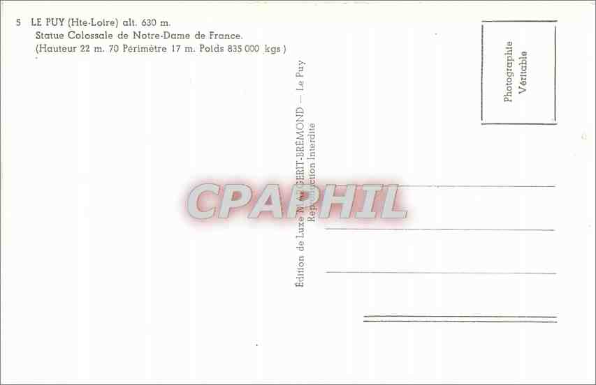 CPA le Puy The Loire alt 630m Statue Colossale de Notre Dame de France haueur 22m 70 perimetre 17m p — Verso
