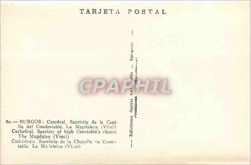 CPA Burgos cathedral Sacristy of high Constables's chapelle the Madelen — Rückseite