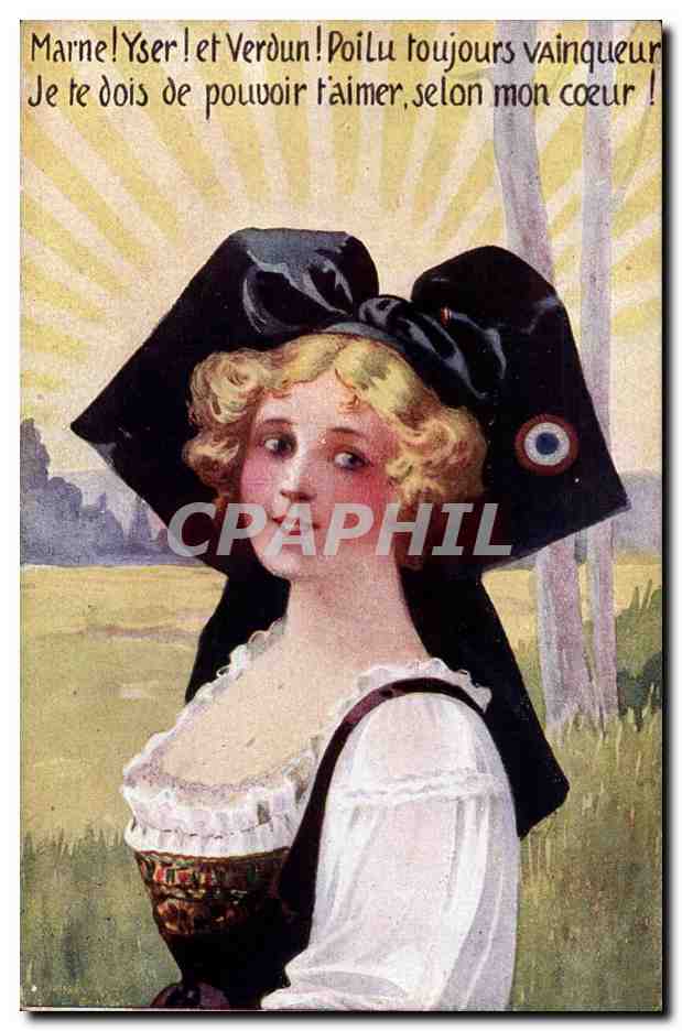 Frau in einem schwarzen Hut mit dem Orden der Ehrenlegion — Marne! Yser! und Verdun! Soldat immer siegreich — Edition des Trois Couleurs, Paris