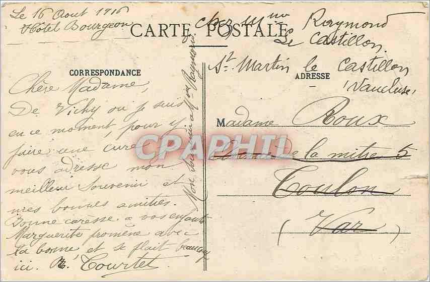 CPA Vichy marquise et Theatre du casino — Rückseite