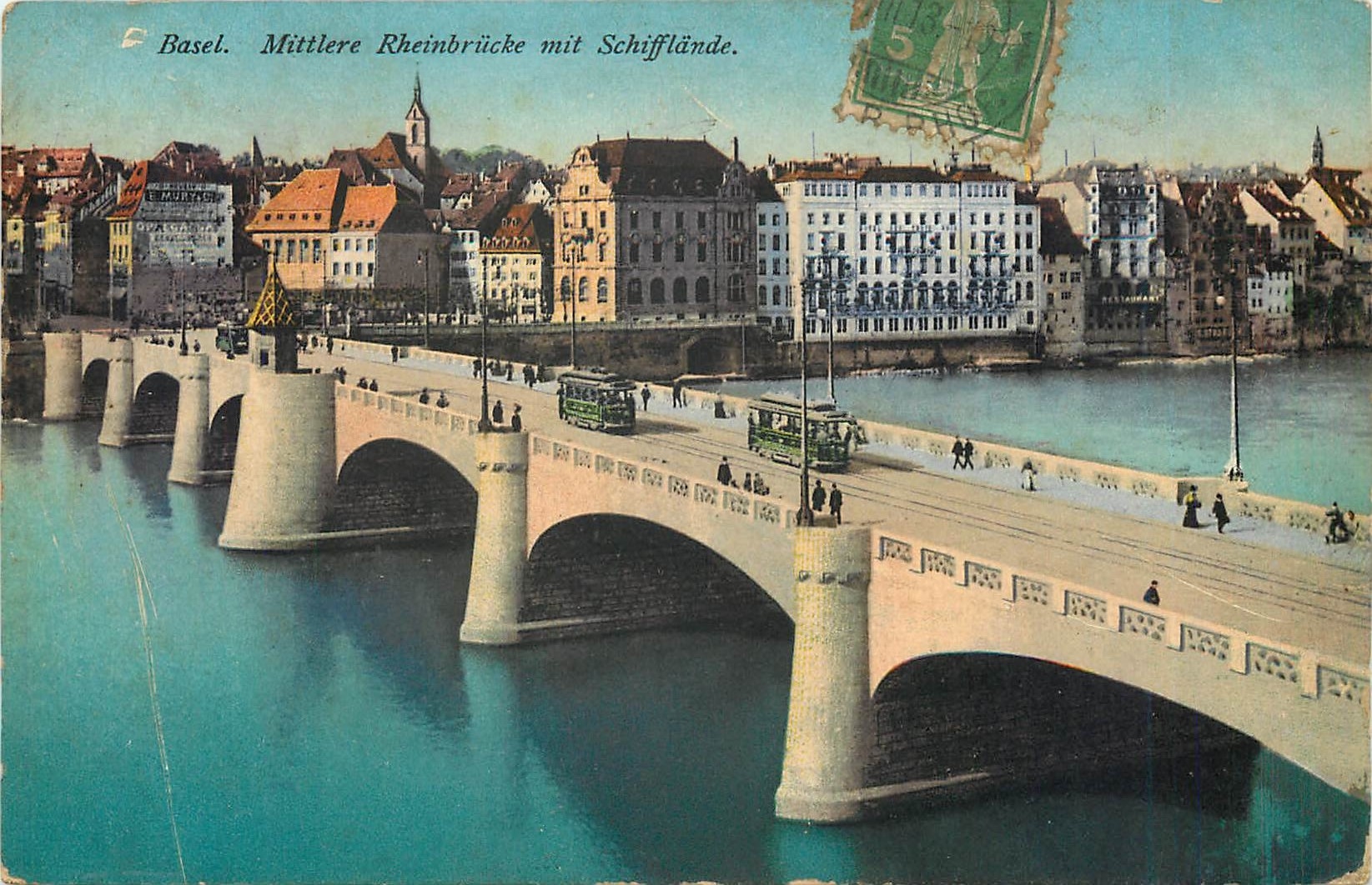 CPA Basel Mittlere Rheinbrucke mit Schifflande