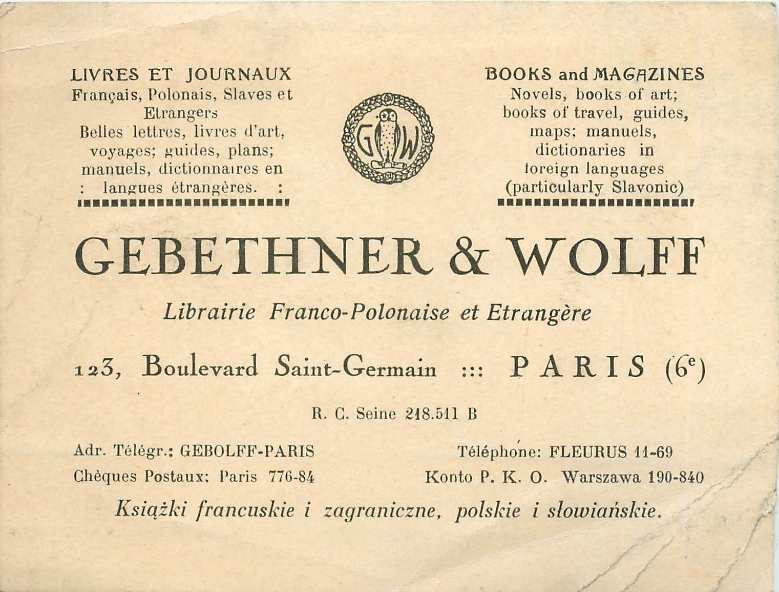 Carte de visite Boulevard Saint Germain Paris Gebethner & Wolff Librairie Franco polonaise Pologne P