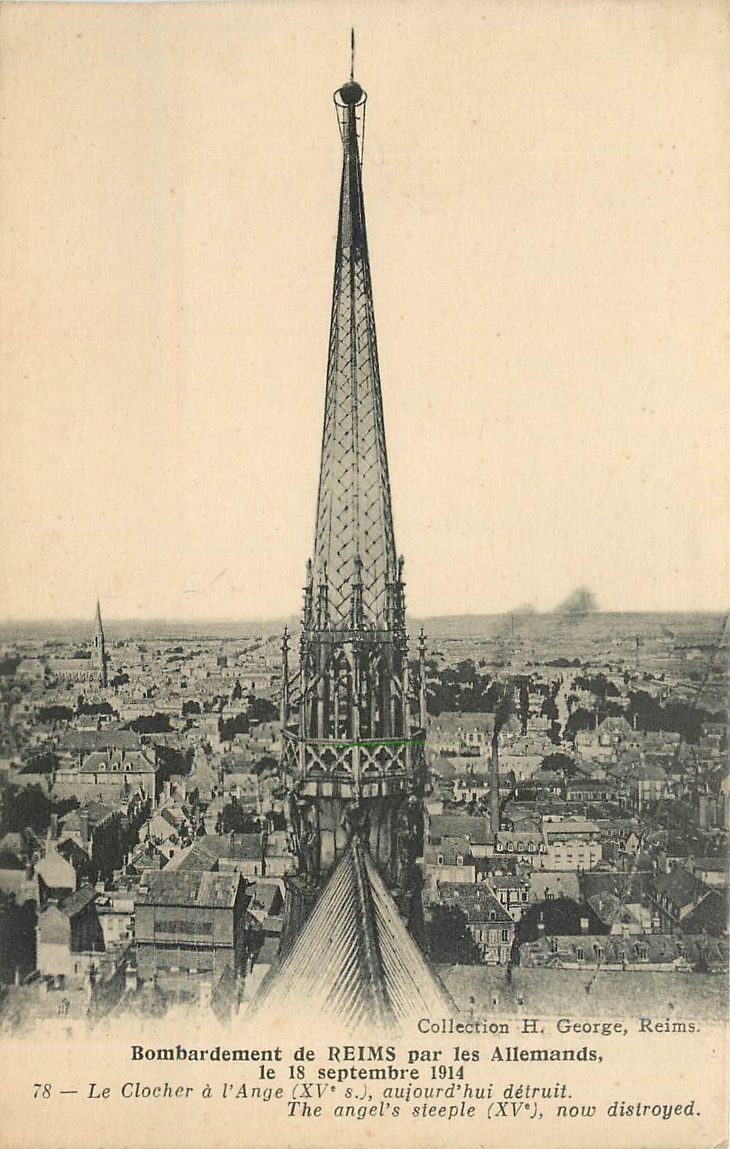 Reims — Le Clocher à l'Ange après bombardement — Collection H. George, Reims