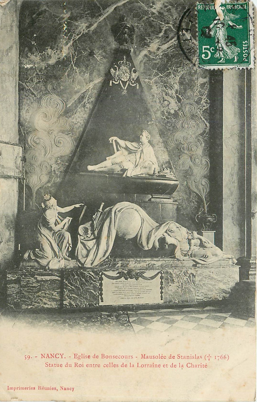 Nancy - Kirche von Bonsecours - Mausoleum von Stanislas (†1766) - Statue des Königs zwischen denen von Lothringen und Caritas - Imprimeries Réunies, Nancy