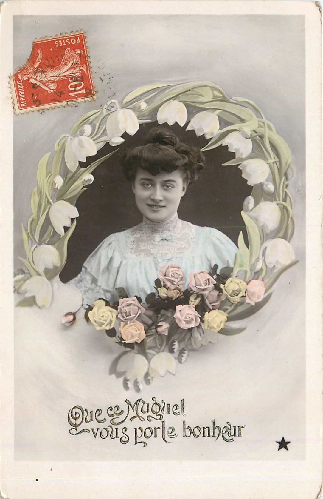 Jeune femme dans un cadre de fleurs — Que ce Miguel vous porte bonheur — VBC Série N. 3317