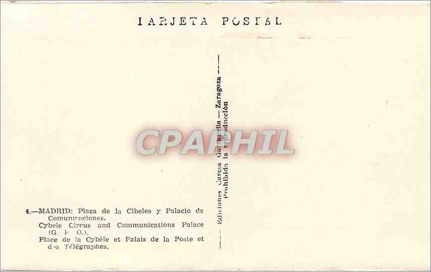 CPA Madrid Place de a Cybele et palais de la Poste et telepgraphes — Rückseite