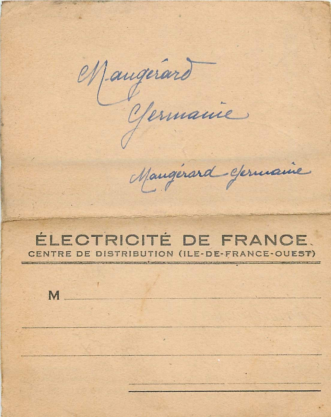 Fiche Quittance  Electricite de France Le Pecq St Germain en Laye